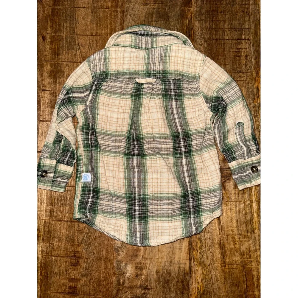Rugged Butts Boys Green Tan Plaid Cotton Button Down Shirt 6-12M